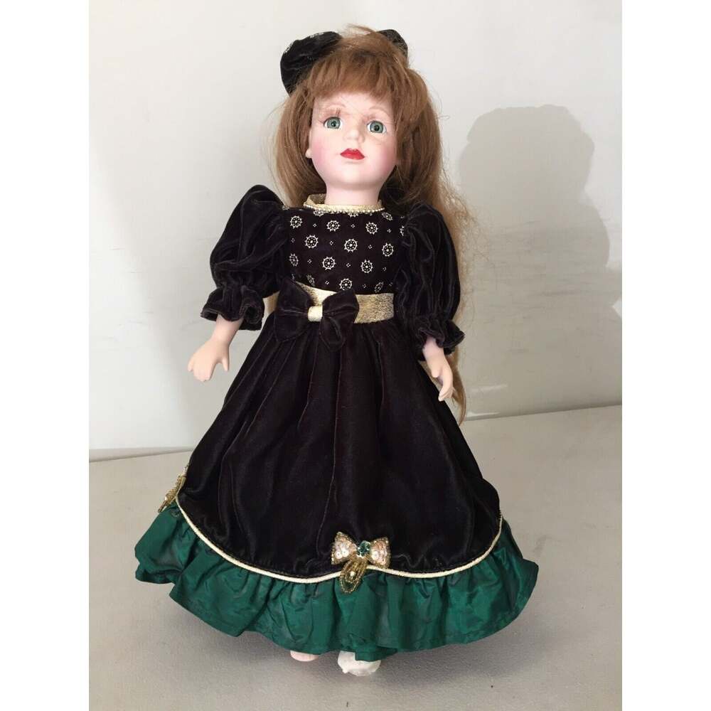Brass Key Porcelain Victorian Girl Dol Black Dress Blonde Long Hair Green Eyes